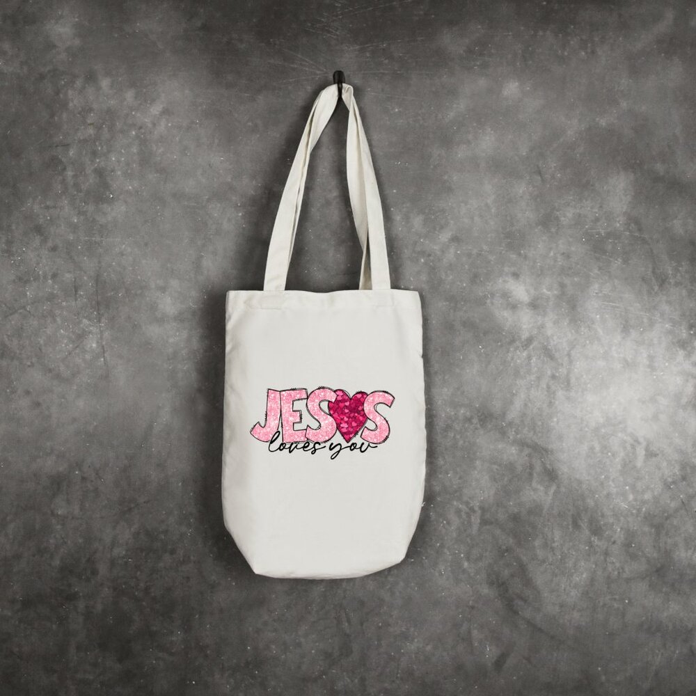 Women's Pink Glitter Look Jesus Loves You DTF Transfer Tote Bag